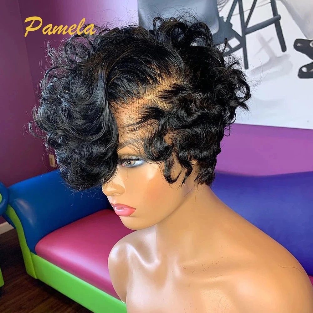 Reddish Brown Short Bob Loose Wave Human Hair Wigs Honey Blonde Short Bob Pixie Cut Transparent Lace Front Wigs For Women