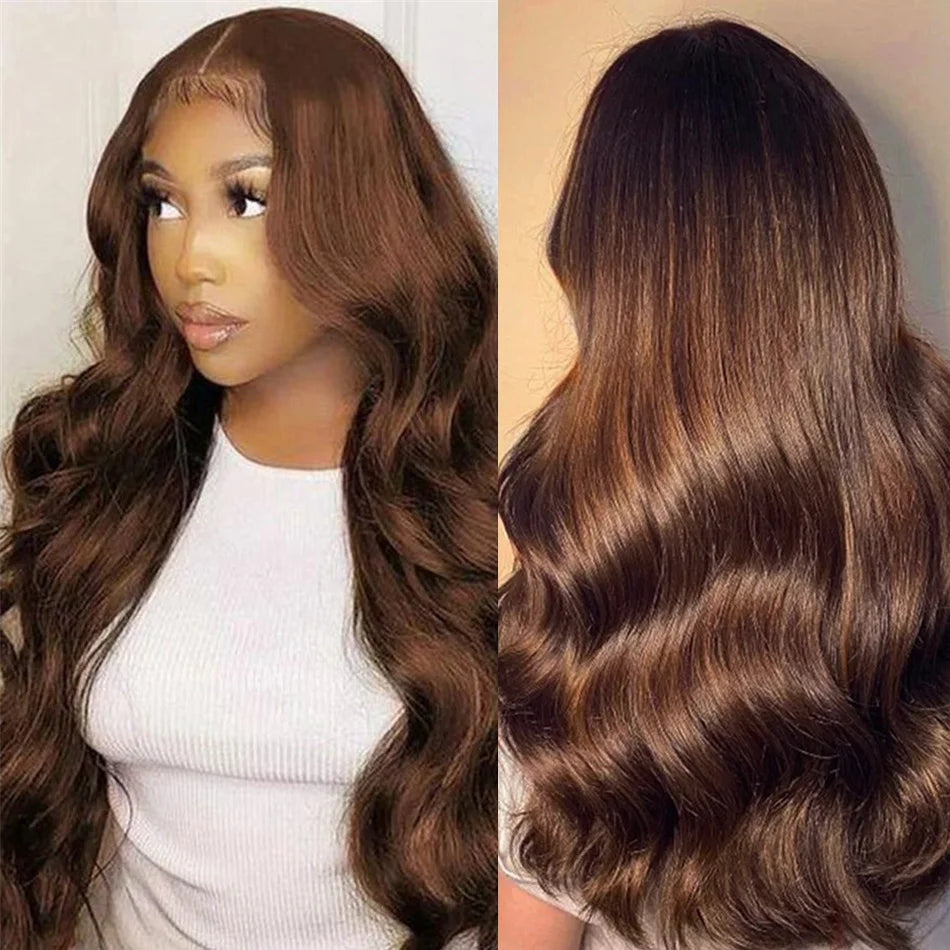 Body Wave Colored Chocolate Brown Human Hair Pre Plucked 4×4 Closure Wig 100% Human Hair Wig HD Swiss Lace 13×4 Front Lace Wig