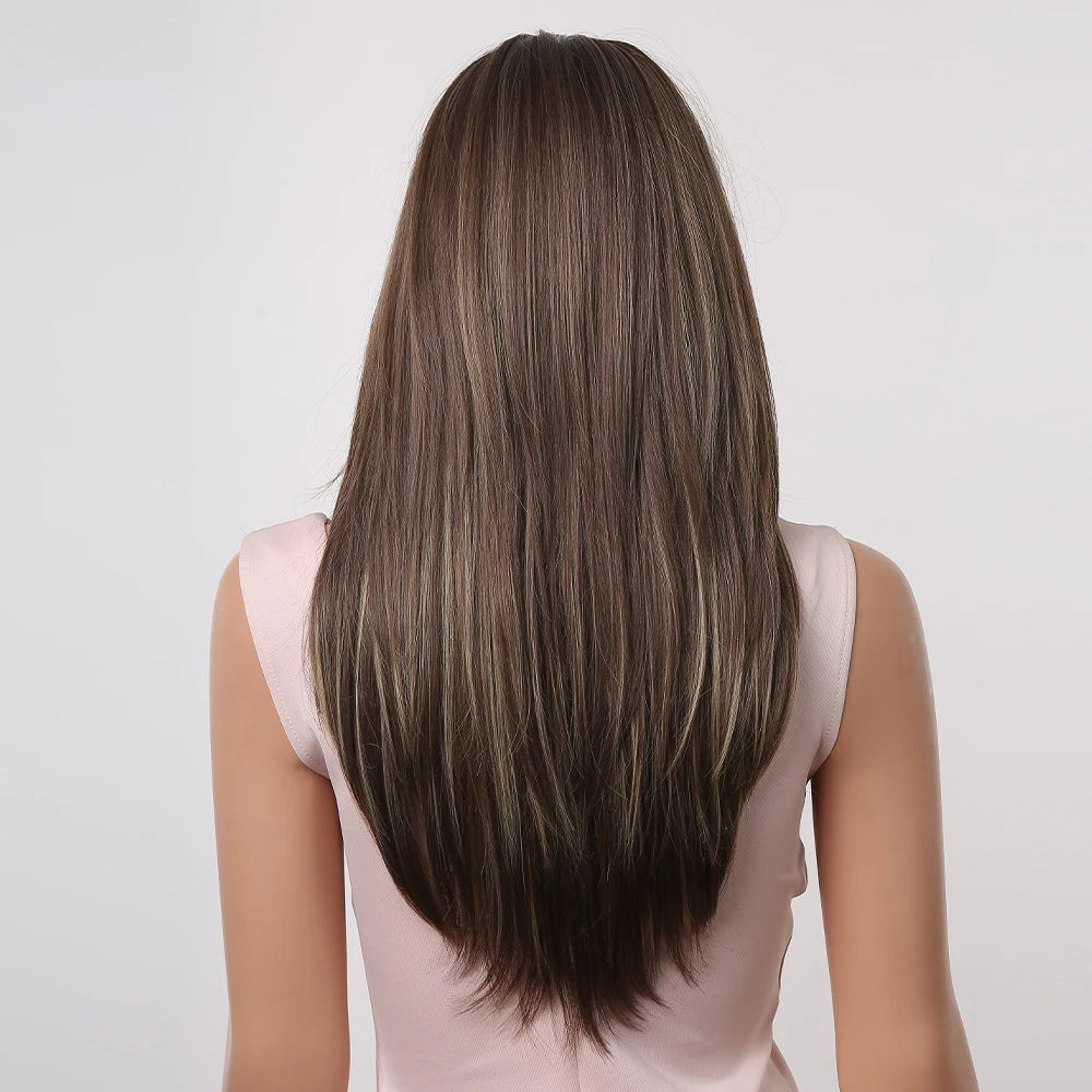 LOUIS FERRE Long Brown Layered Synthetic Wigs With Bangs Caramel Brown Straight Wig Mixed Blonde Highlights Heat Resistant Fibre