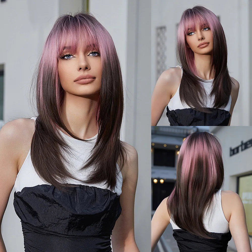 LOUIS FERRE Long Brown Layered Synthetic Wigs With Bangs Caramel Brown Straight Wig Mixed Blonde Highlights Heat Resistant Fibre