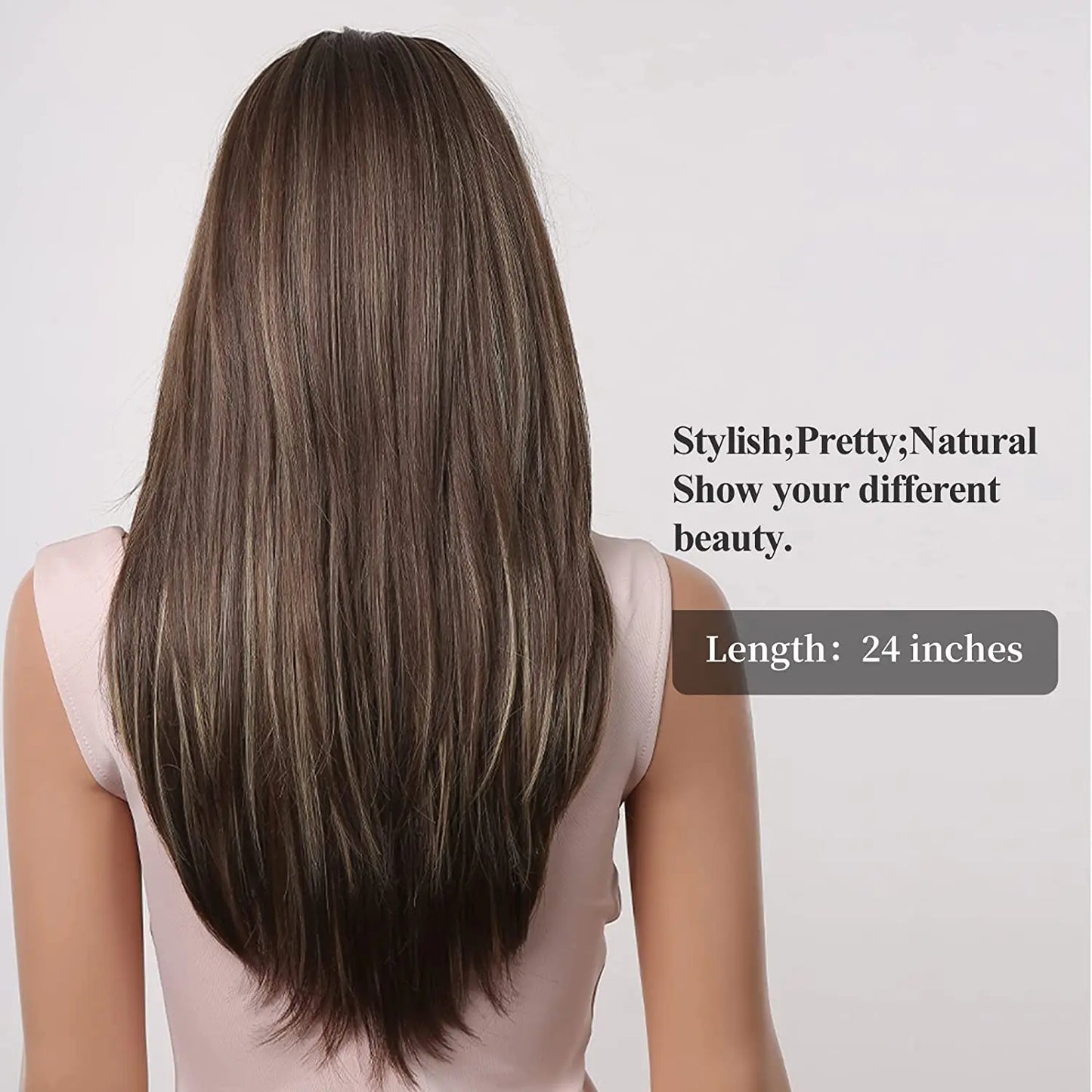 LOUIS FERRE Long Brown Layered Synthetic Wigs With Bangs Caramel Brown Straight Wig Mixed Blonde Highlights Heat Resistant Fibre