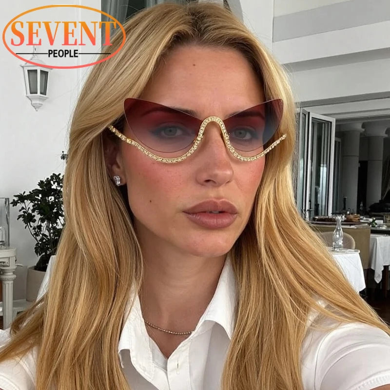 Sexy Cat Eye Rhinestone Rimless Sunglasses Women 2025 Luxury Brand Retro Metal Frame Punk Sun Glasses For Ladies Trendy Shades