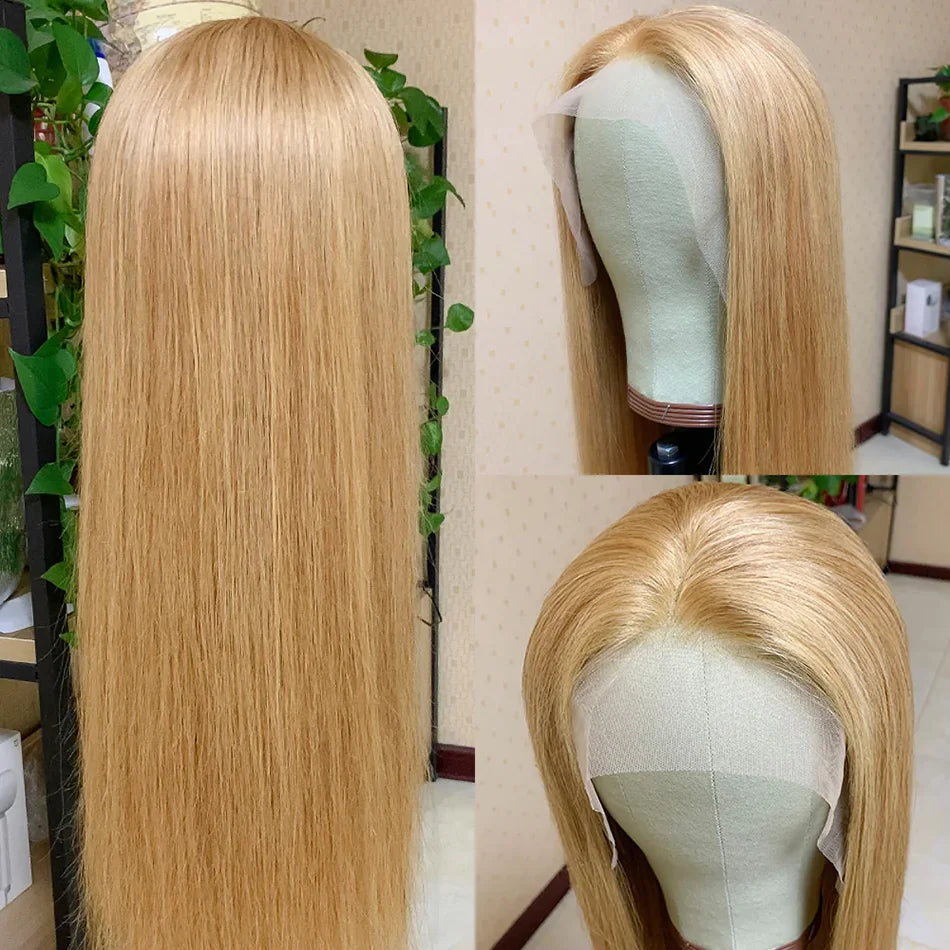 #27 Colored Peruvian Straight Honey Blonde Lace Front Wigs Human Hair Lace Frontal Wigs 13X4 HD Lace Front Human Hair Wigs