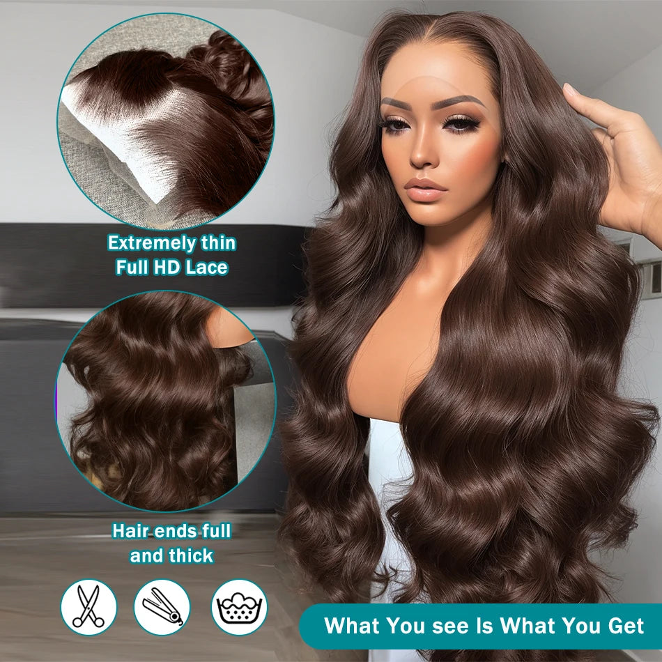 Rosabeauty Brazilian Chocolate Brown Body Wave Lace Front Human Hair Wigs 36 38 40 Inch Brown 13x6 HD Lace Frontal Wig For Women