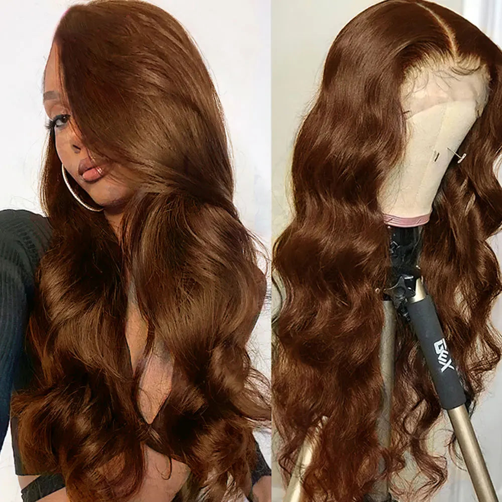Body Wave Colored Chocolate Brown Human Hair Pre Plucked 4×4 Closure Wig 100% Human Hair Wig HD Swiss Lace 13×4 Front Lace Wig