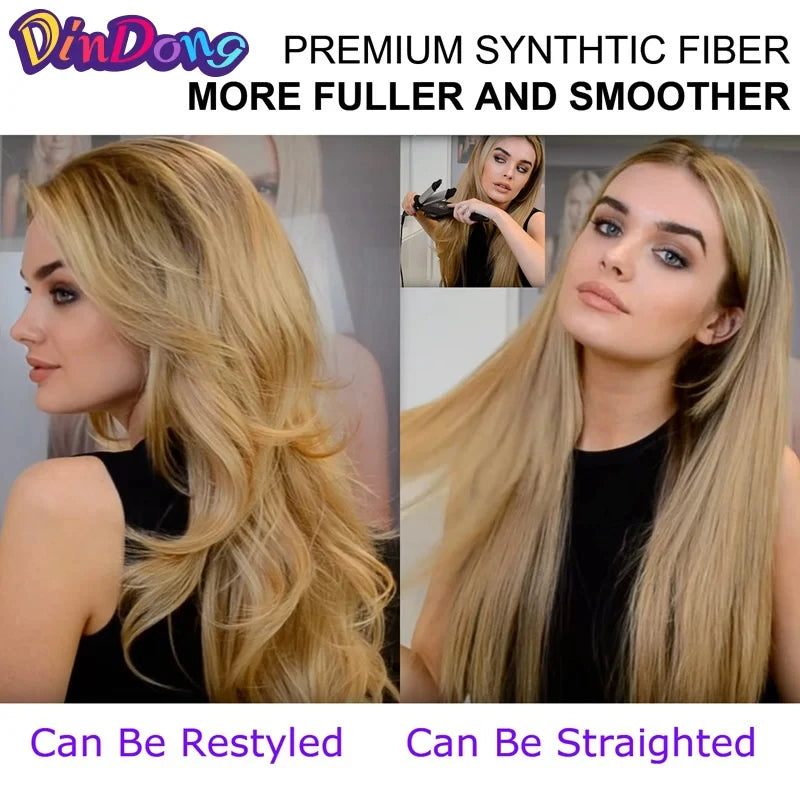 24 Inch Synthetic Long Wavy Head Tied 3/4 Half Wigs for Women With Clips In, Hair Extension Blonde Wigs
