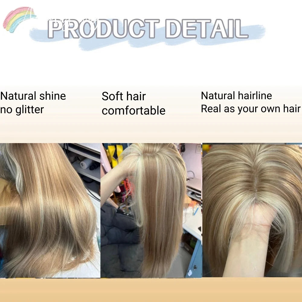 Blonde Wig for Women Long Straight Blonde Brown Wig Asian American Lace Front Synthetic Wig for Daily Use Cosplay Ombre Peluca