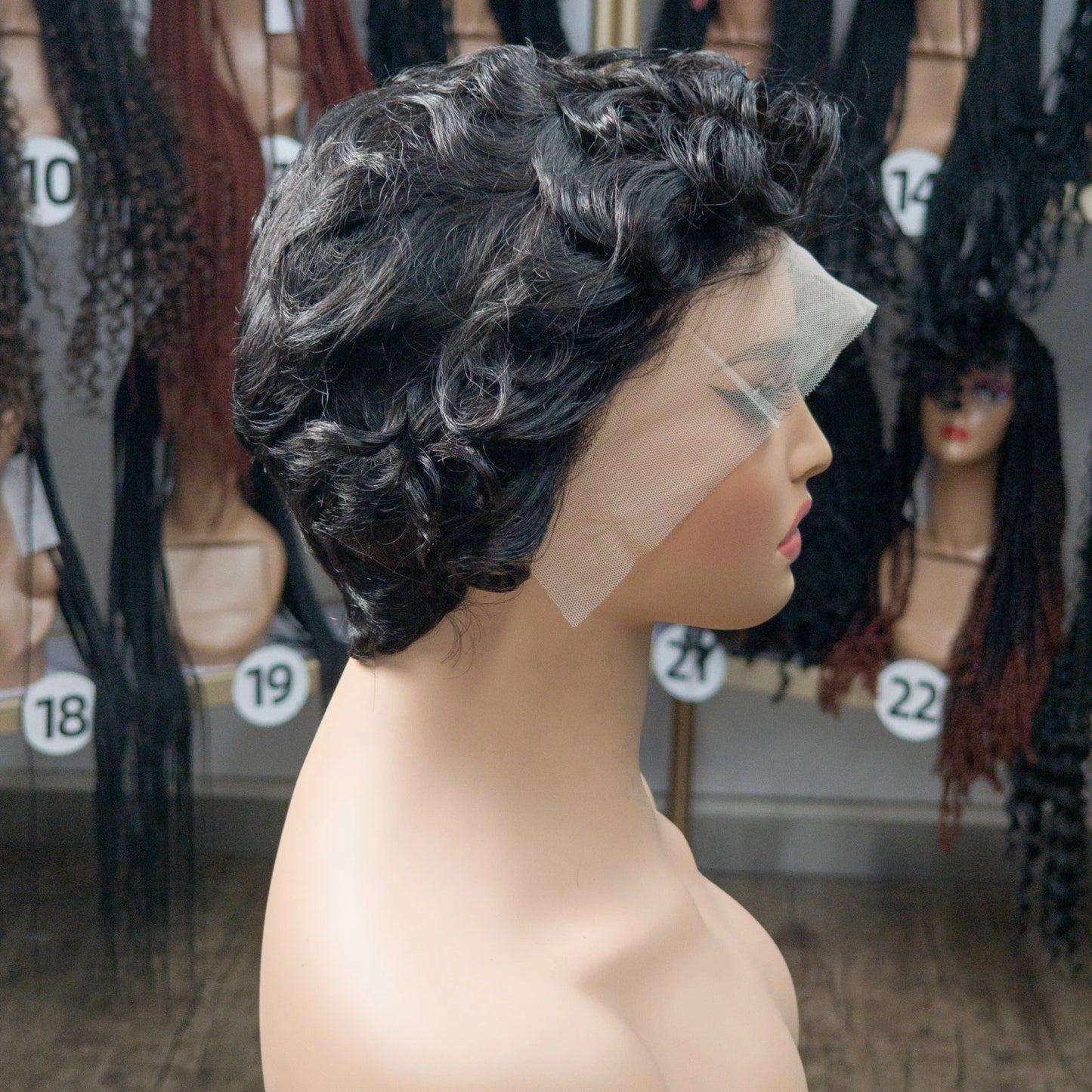 Natural Color 180% Density Pixie Cut Curly Wigs 13x4 Transparent Lace Frontal Wigs Brazilian Human Hair Bouncy Curly Bob Wig 1B#