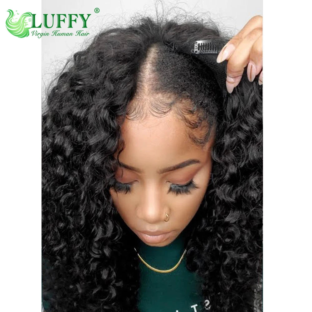 Jerry Curly U V Part Wig Human Hair No Leave Out No Glue Brazilian Curly Wave V Part Glueless Human Hair Wig for Women