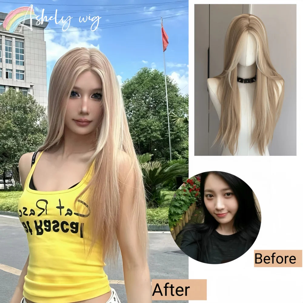 Blonde Wig for Women Long Straight Blonde Brown Wig Asian American Lace Front Synthetic Wig for Daily Use Cosplay Ombre Peluca