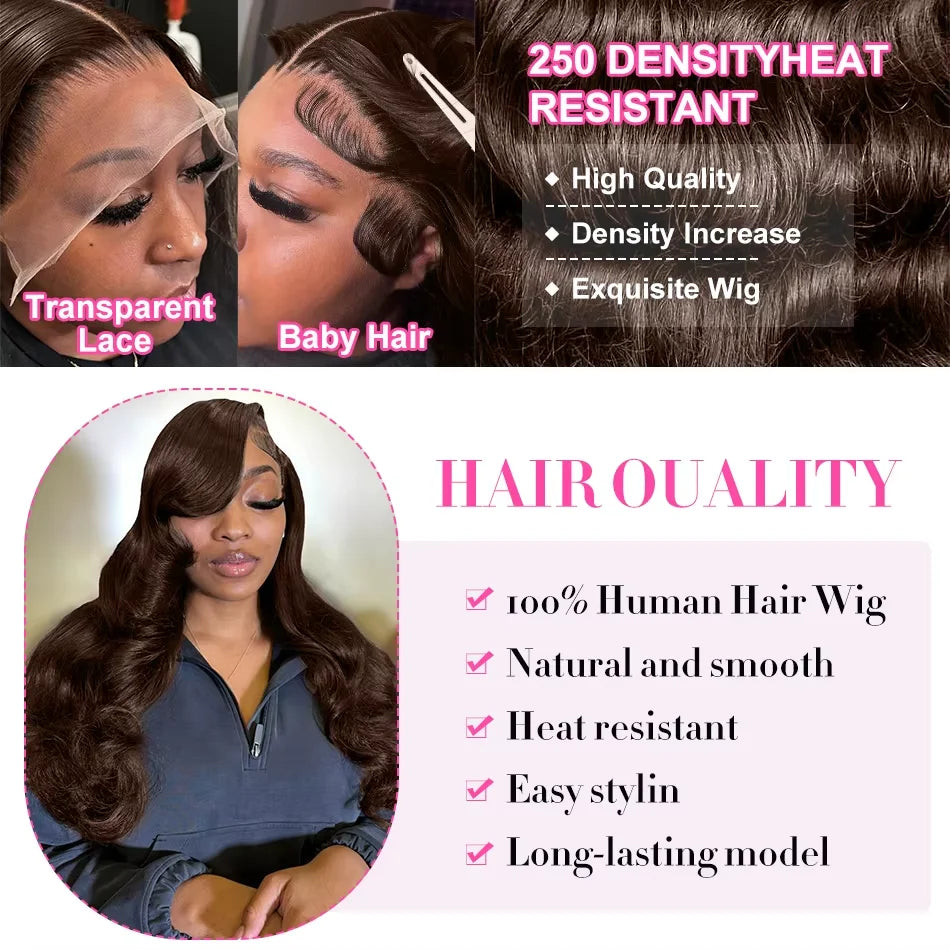 30 34Inch Chocolate Brown Body Wave 13x4 Lace Front Wigs Human Hair Brazilian Water Wave 13x6 Hd Lace Frontal Wig 250% For Women