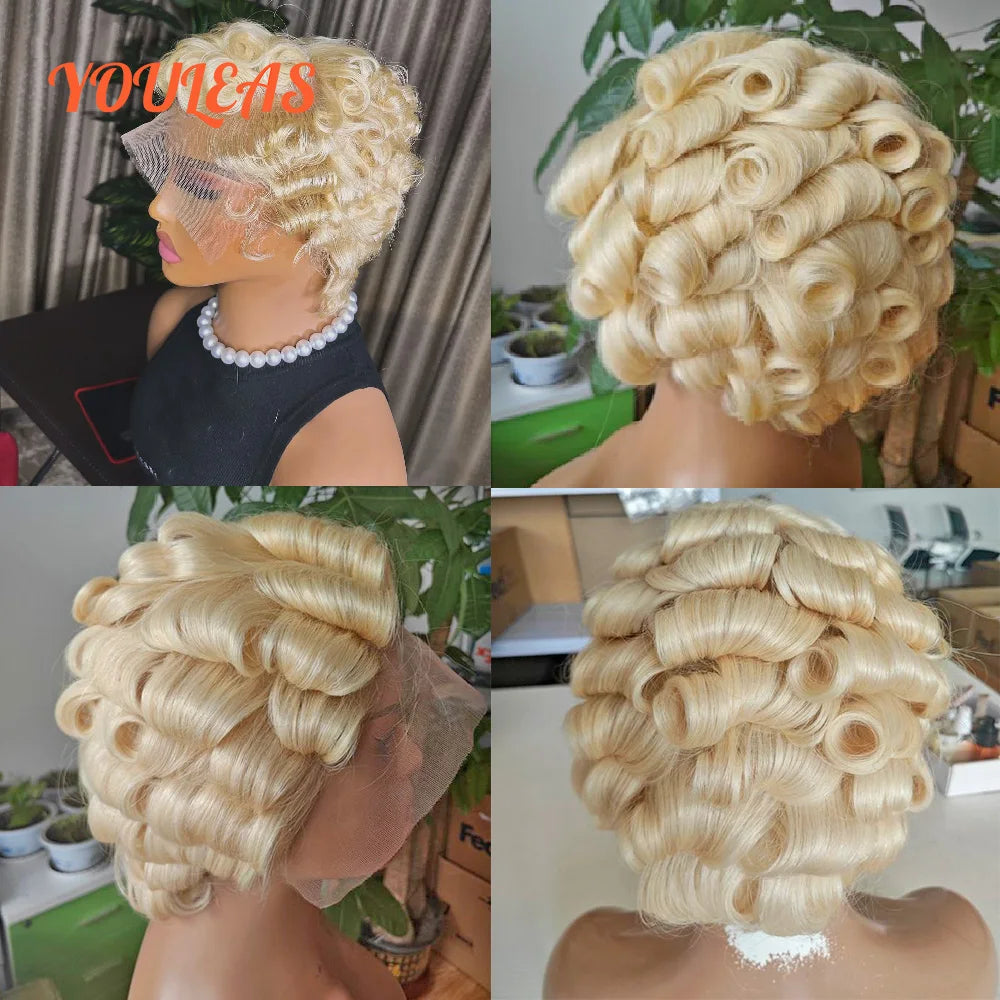 613 Blonde Pixie Cut Short Bob Deep Wave Human Hair Wigs Reddish Brown Short Bob 13x4 Transparent Lace Front Wigs Preplucked