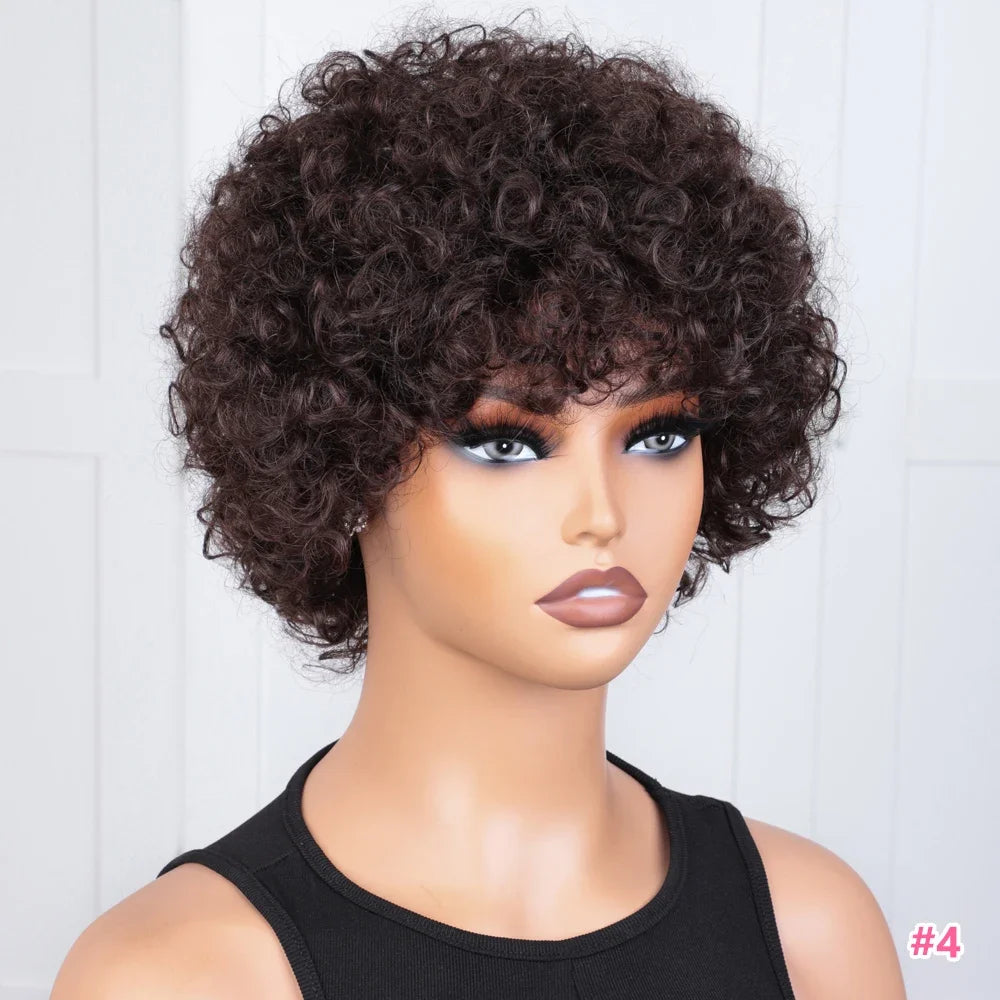 Pixie Short Afro Curly Bob Human Hair Wigs With Bangs For Women Brazilian Remy Hair Put On And Go Natural Brown Kinky Curly Wigs