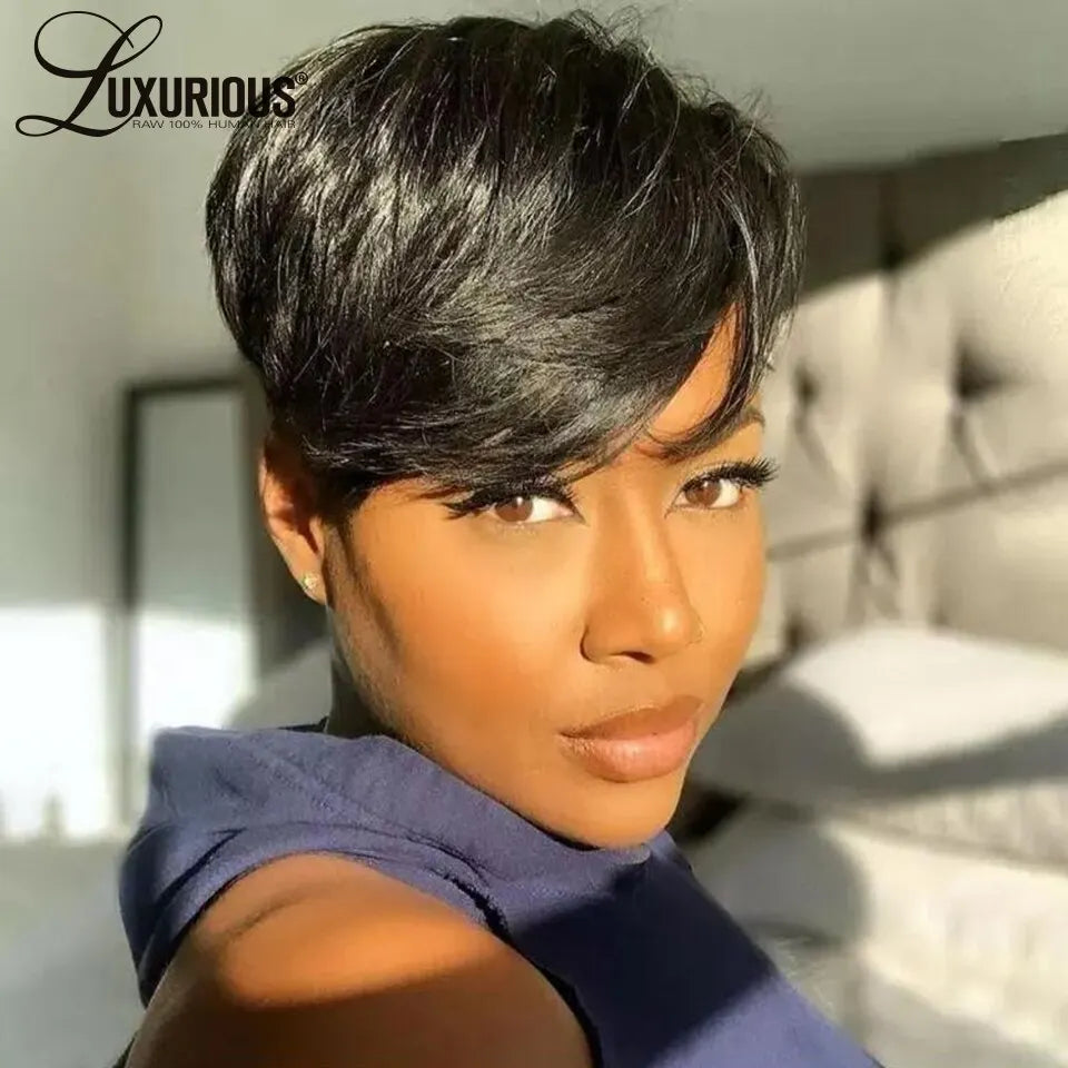 Short Bob Straight Human Hair Wig With Bangs Full Machine Made Long Pixie Cut Wig Glueless 150% Wave Wear And Go Wigs For Women
