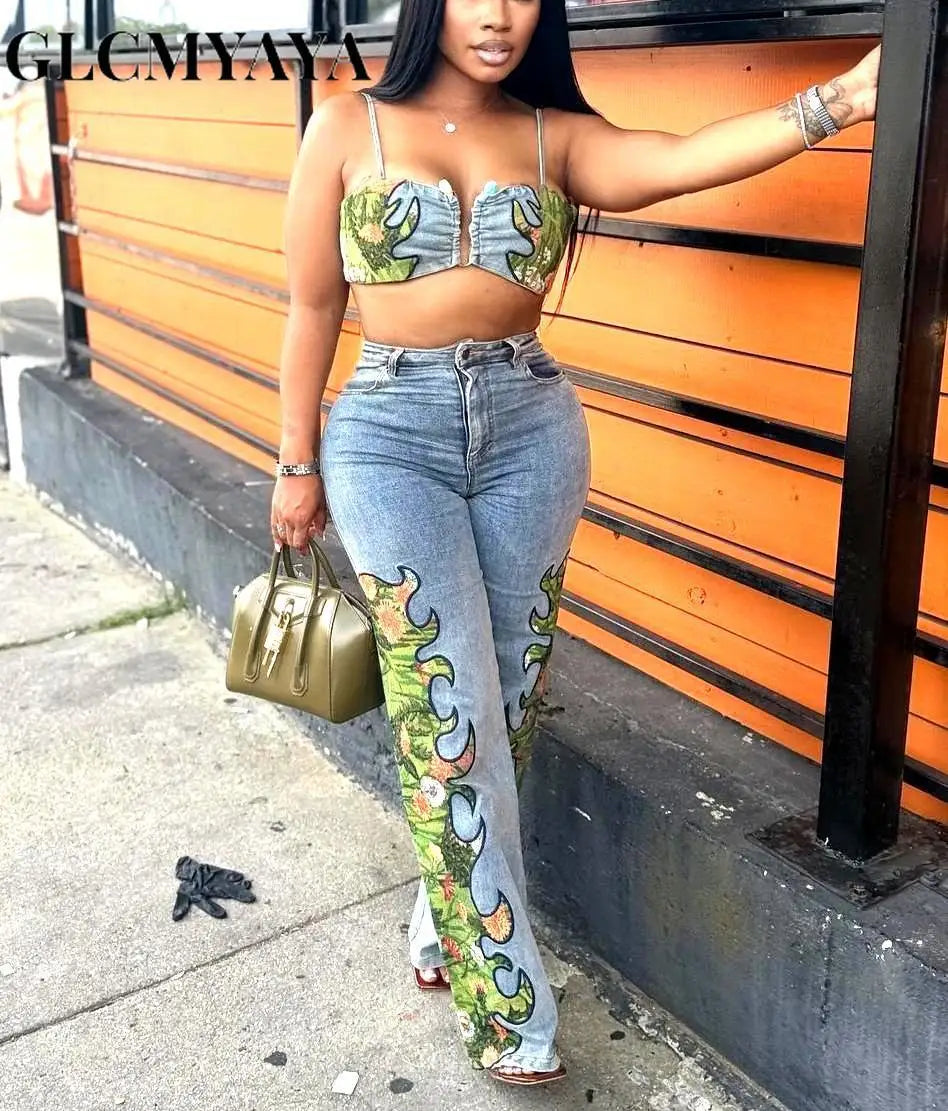 CM.YAYA Fashion Denim Women's Set Spaghetti Strap Crop Top and Wide Leg Jeans Pants Suit 2025 Holiday Two 2 Piece Set Outfit