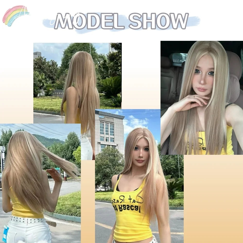Blonde Wig for Women Long Straight Blonde Brown Wig Asian American Lace Front Synthetic Wig for Daily Use Cosplay Ombre Peluca