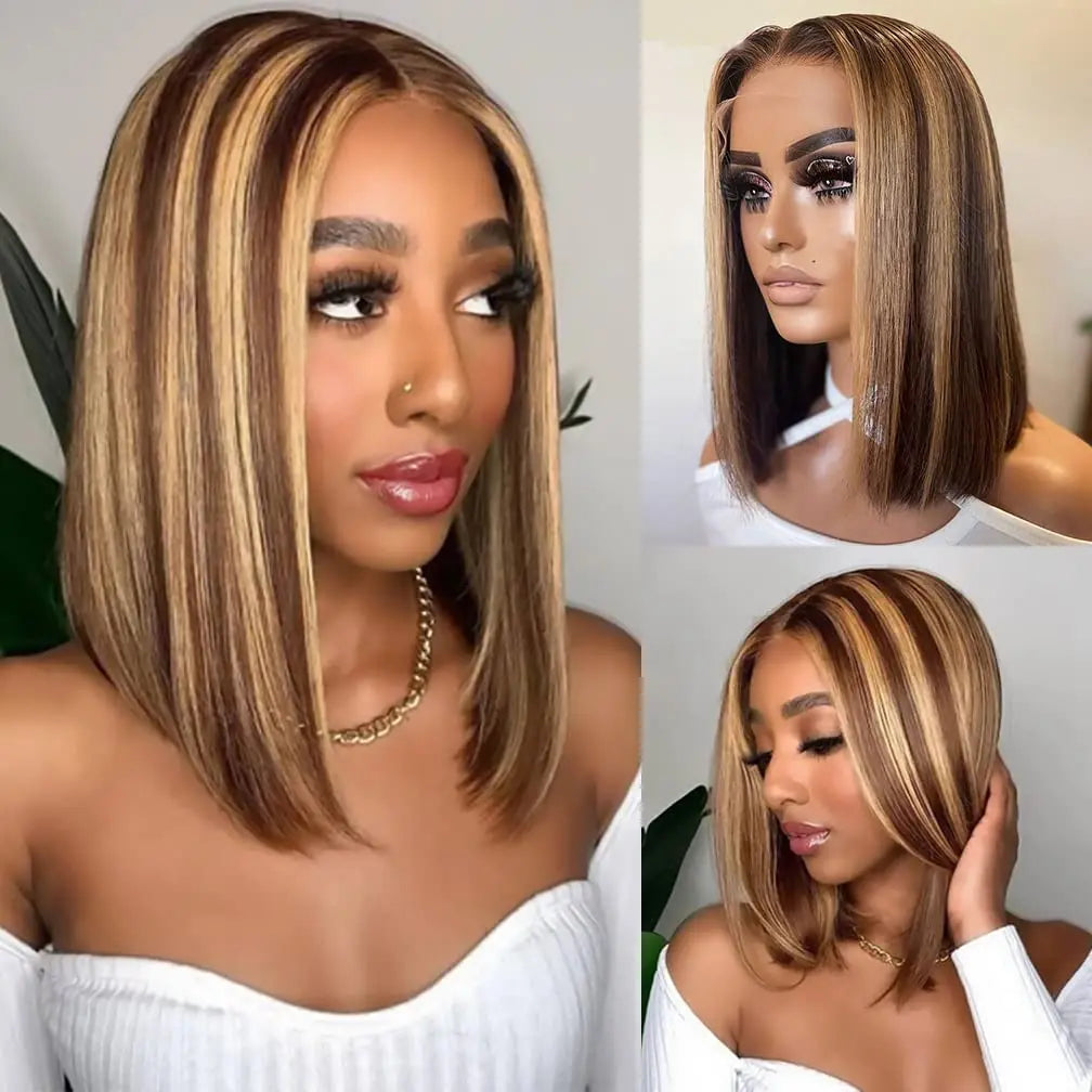 Straight Highlight Glueless Wigs Human Hair Ready To Wear 6X4 Lace Frontal Honey Blonde Short Bob Brazilian Human Hair Wig