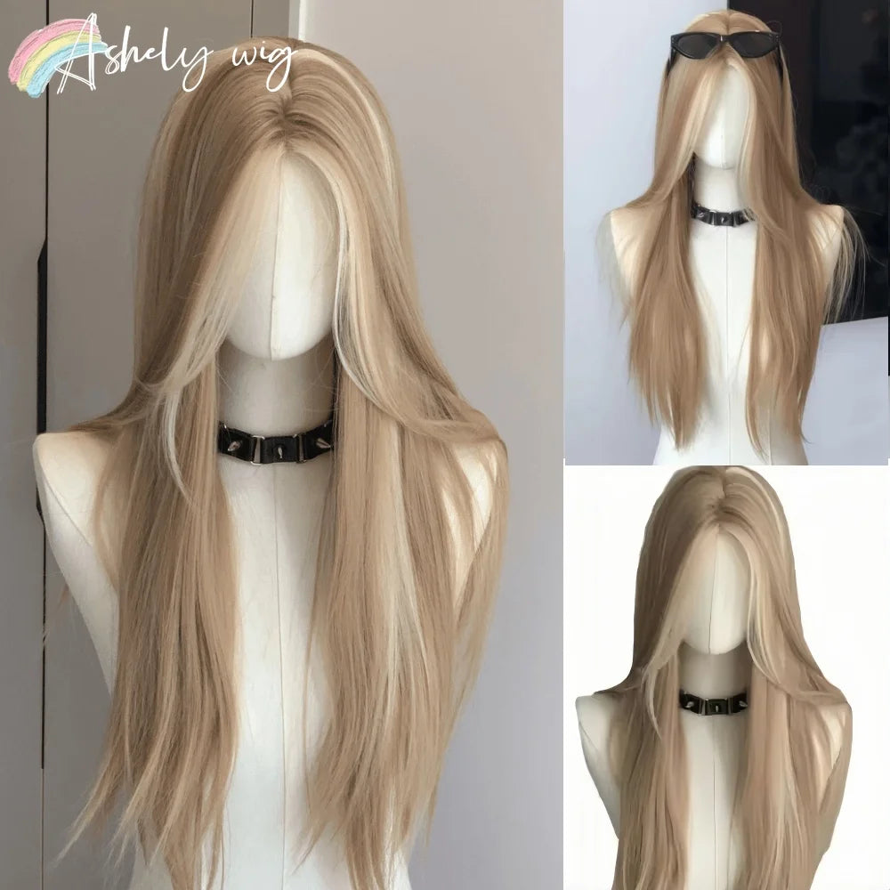Blonde Wig for Women Long Straight Blonde Brown Wig Asian American Lace Front Synthetic Wig for Daily Use Cosplay Ombre Peluca