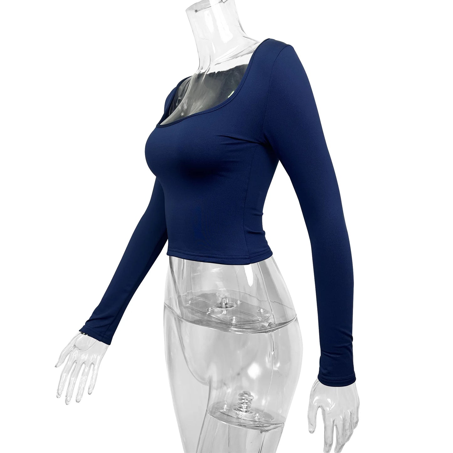 Fairyshely 2025 Spring Blue Casual Bodycon T-shirt Sexy Autumn Women Solid Bodycon Crop Top Lady Long Sleeve Clud Short Tops