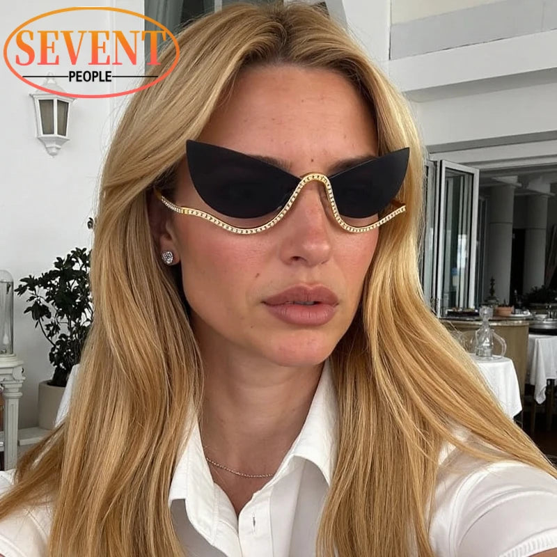 Sexy Cat Eye Rhinestone Rimless Sunglasses Women 2025 Luxury Brand Retro Metal Frame Punk Sun Glasses For Ladies Trendy Shades