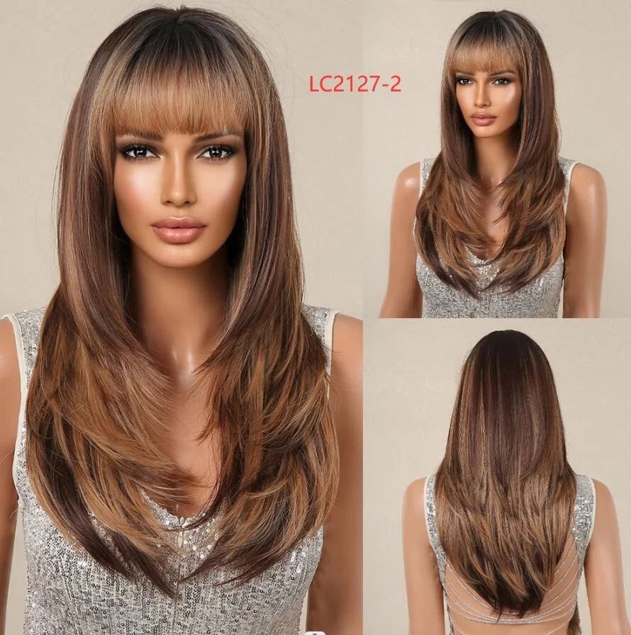 LOUIS FERRE Long Brown Layered Synthetic Wigs With Bangs Caramel Brown Straight Wig Mixed Blonde Highlights Heat Resistant Fibre