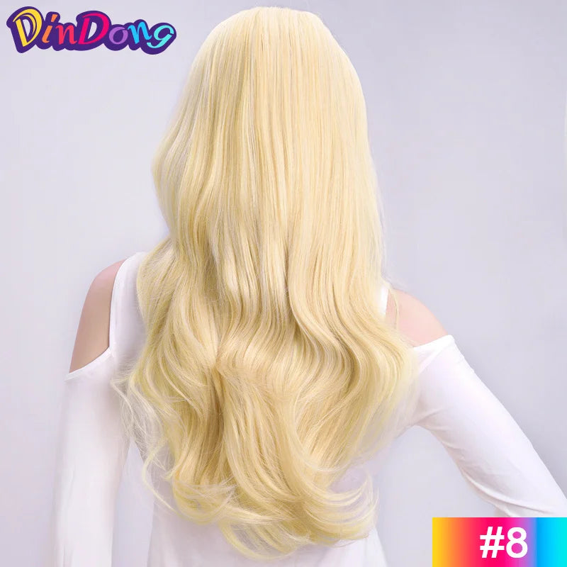 24 Inch Synthetic Long Wavy Head Tied 3/4 Half Wigs for Women With Clips In, Hair Extension Blonde Wigs