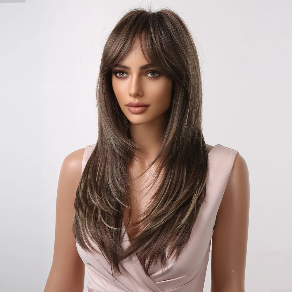LOUIS FERRE Long Brown Layered Synthetic Wigs With Bangs Caramel Brown Straight Wig Mixed Blonde Highlights Heat Resistant Fibre