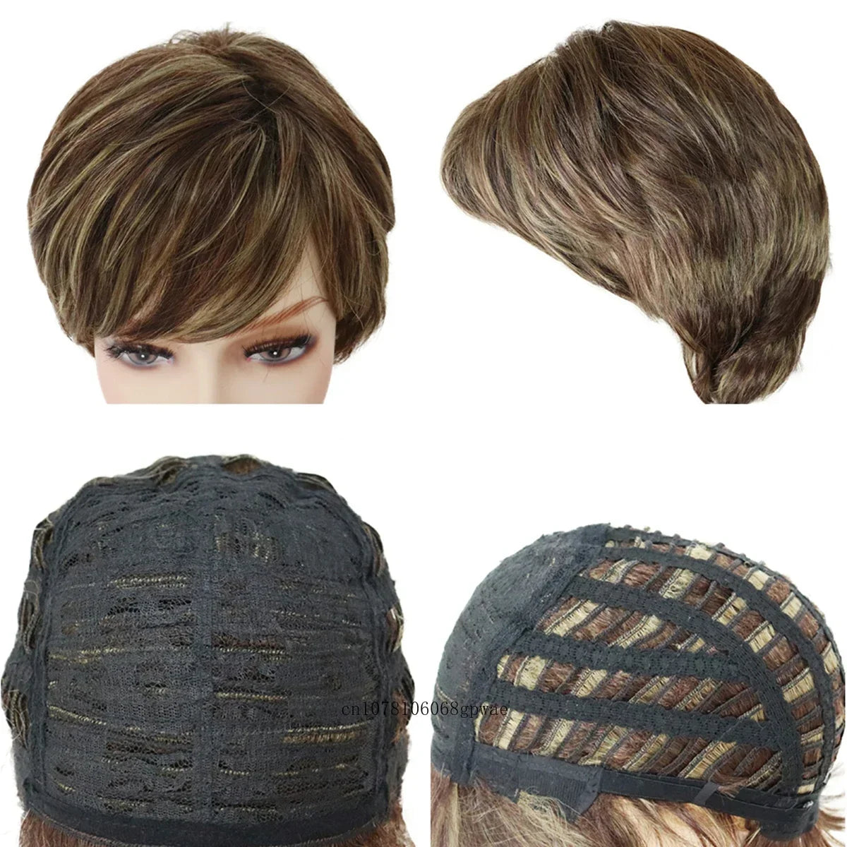 Short Pixie Cut Wig for Women Natural Haircut Brown Mix Blonde Wig with Bangs Daily Cosplay Halloween Party Casual Ladies Wigs