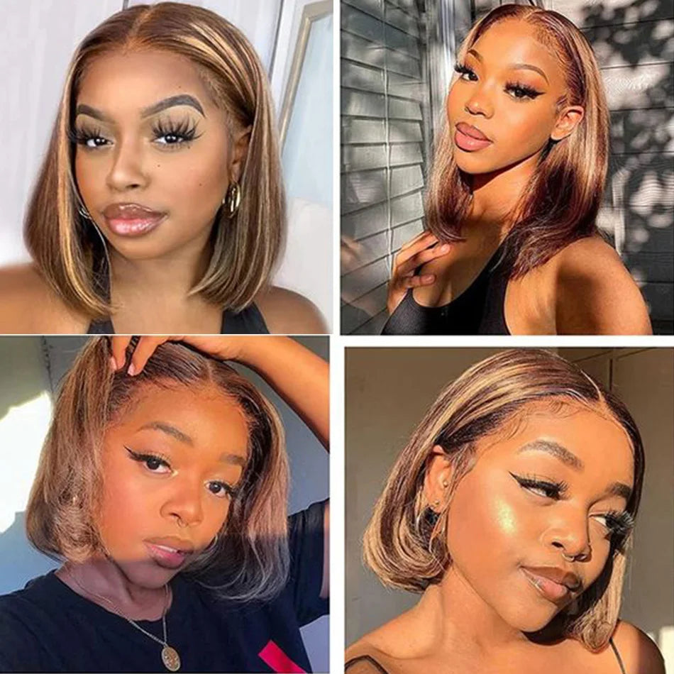 Straight Highlight Glueless Wigs Human Hair Ready To Wear 6X4 Lace Frontal Honey Blonde Short Bob Brazilian Human Hair Wig