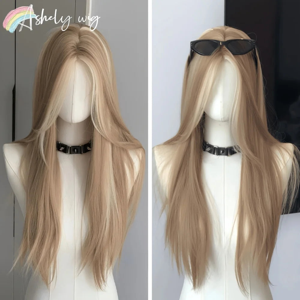 Blonde Wig for Women Long Straight Blonde Brown Wig Asian American Lace Front Synthetic Wig for Daily Use Cosplay Ombre Peluca