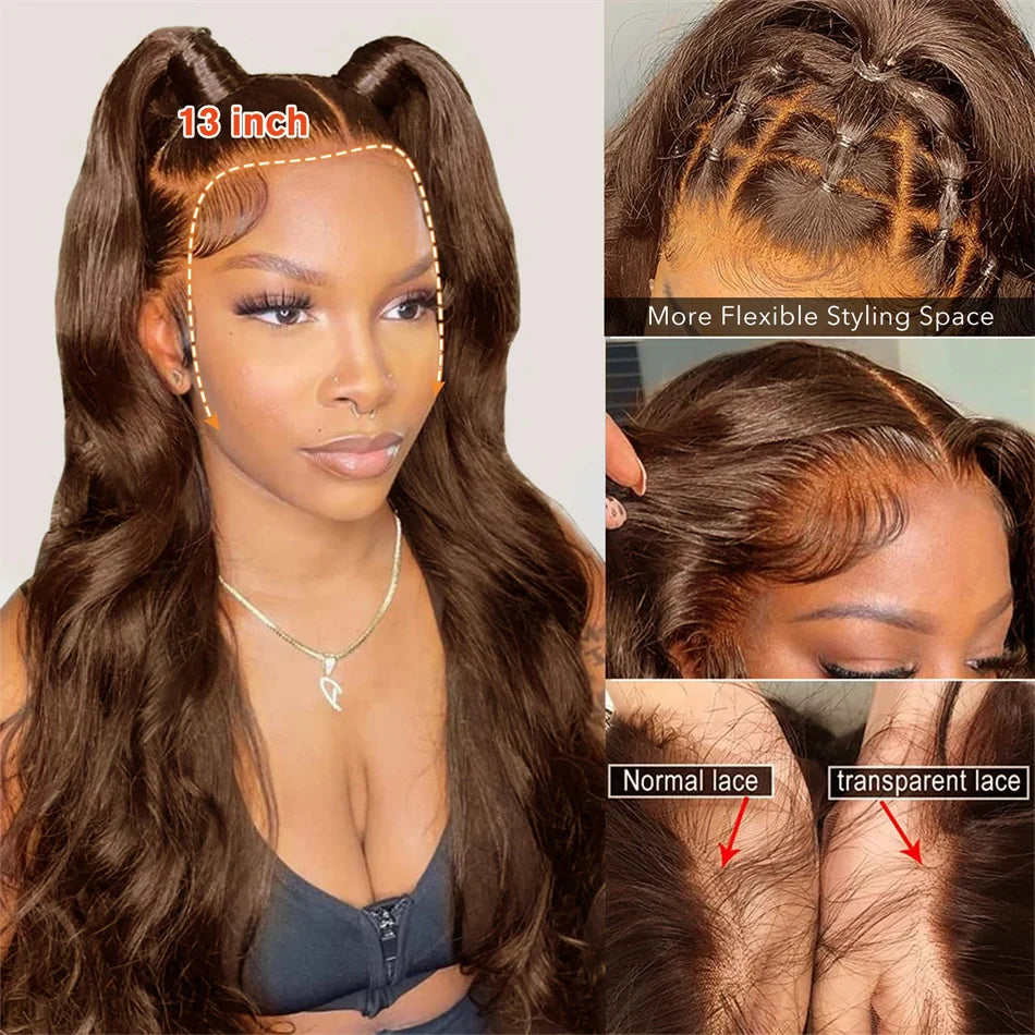 Body Wave Colored Chocolate Brown Human Hair Pre Plucked 4×4 Closure Wig 100% Human Hair Wig HD Swiss Lace 13×4 Front Lace Wig
