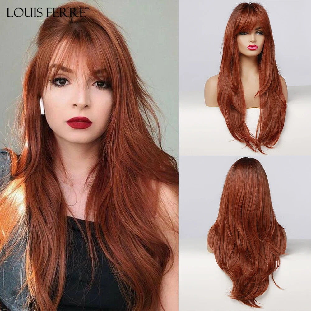 LOUIS FERRE Long Brown Layered Synthetic Wigs With Bangs Caramel Brown Straight Wig Mixed Blonde Highlights Heat Resistant Fibre