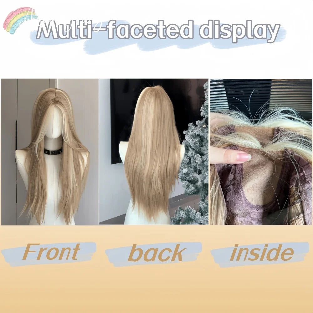 Blonde Wig for Women Long Straight Blonde Brown Wig Asian American Lace Front Synthetic Wig for Daily Use Cosplay Ombre Peluca