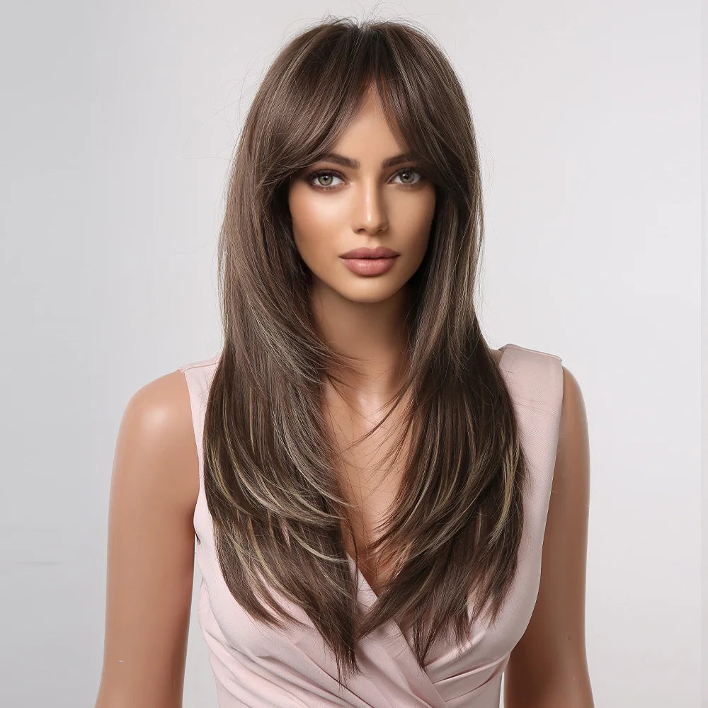 LOUIS FERRE Long Brown Layered Synthetic Wigs With Bangs Caramel Brown Straight Wig Mixed Blonde Highlights Heat Resistant Fibre