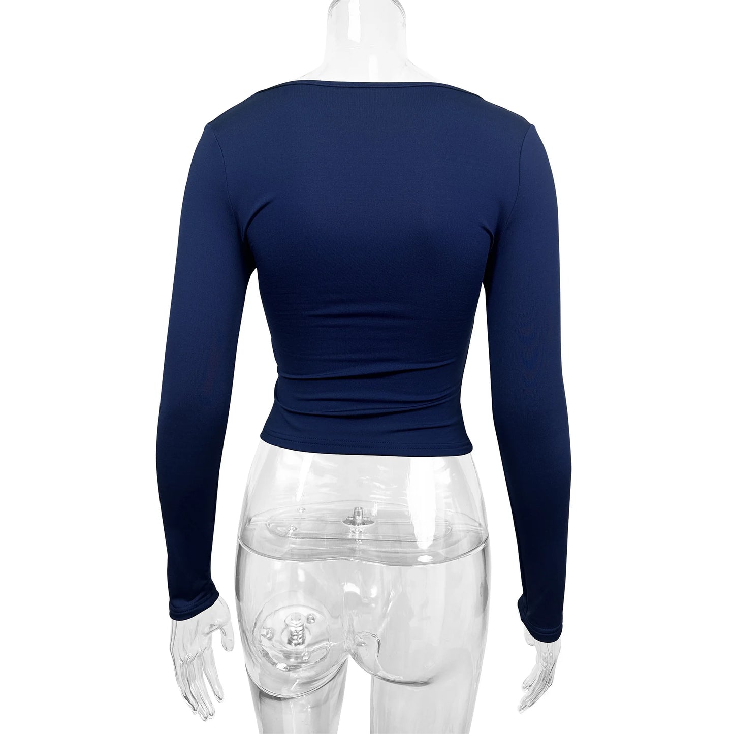 Fairyshely 2025 Spring Blue Casual Bodycon T-shirt Sexy Autumn Women Solid Bodycon Crop Top Lady Long Sleeve Clud Short Tops