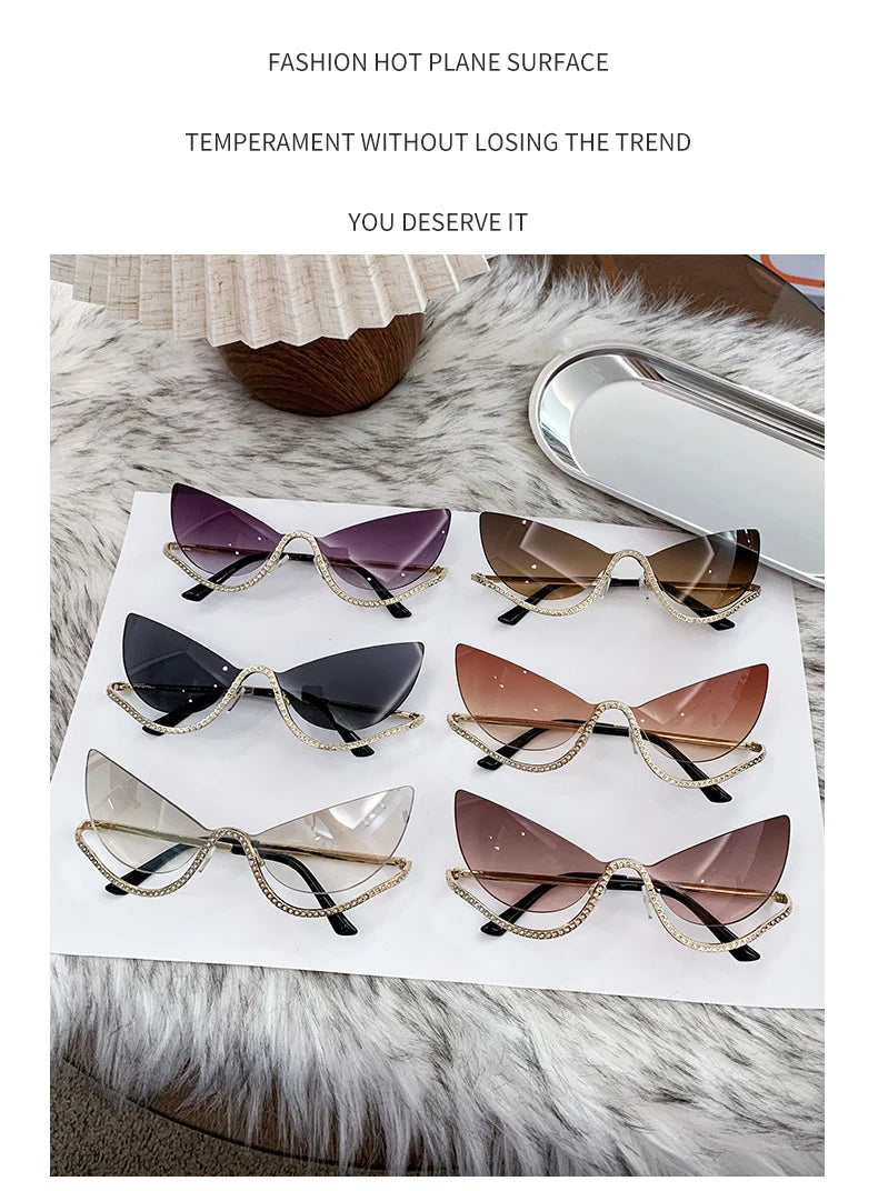 Sexy Cat Eye Rhinestone Rimless Sunglasses Women 2025 Luxury Brand Retro Metal Frame Punk Sun Glasses For Ladies Trendy Shades
