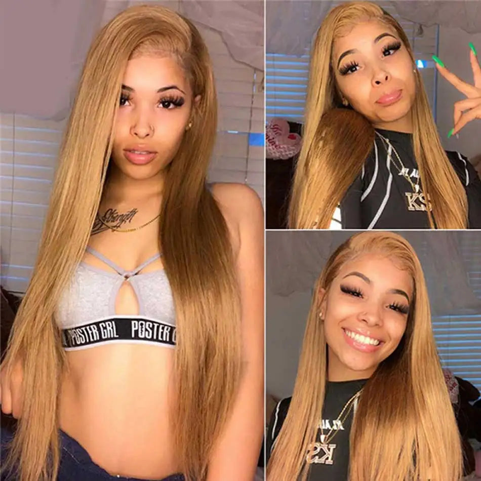 #27 Colored Peruvian Straight Honey Blonde Lace Front Wigs Human Hair Lace Frontal Wigs 13X4 HD Lace Front Human Hair Wigs