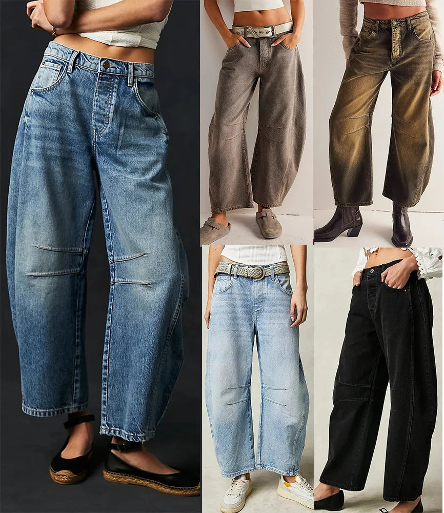European and American Women's Casual Loose Mid Rise Jeans Trendy Loose Denim Pants Straight Leg Pants Round Neck Jeans Clothes