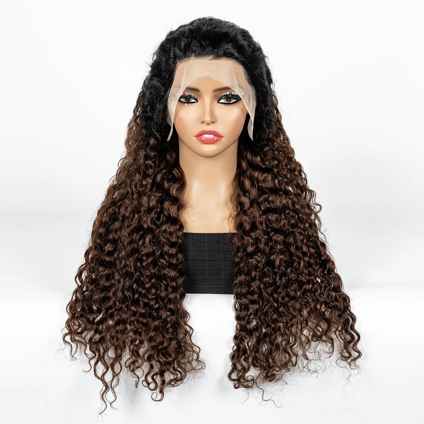 300% Density Ombre 30 Inches Water Wave Wavy Curly Human Hair Wigs 13x4 Transparent Lace Frontal Human Hair Wig for Women