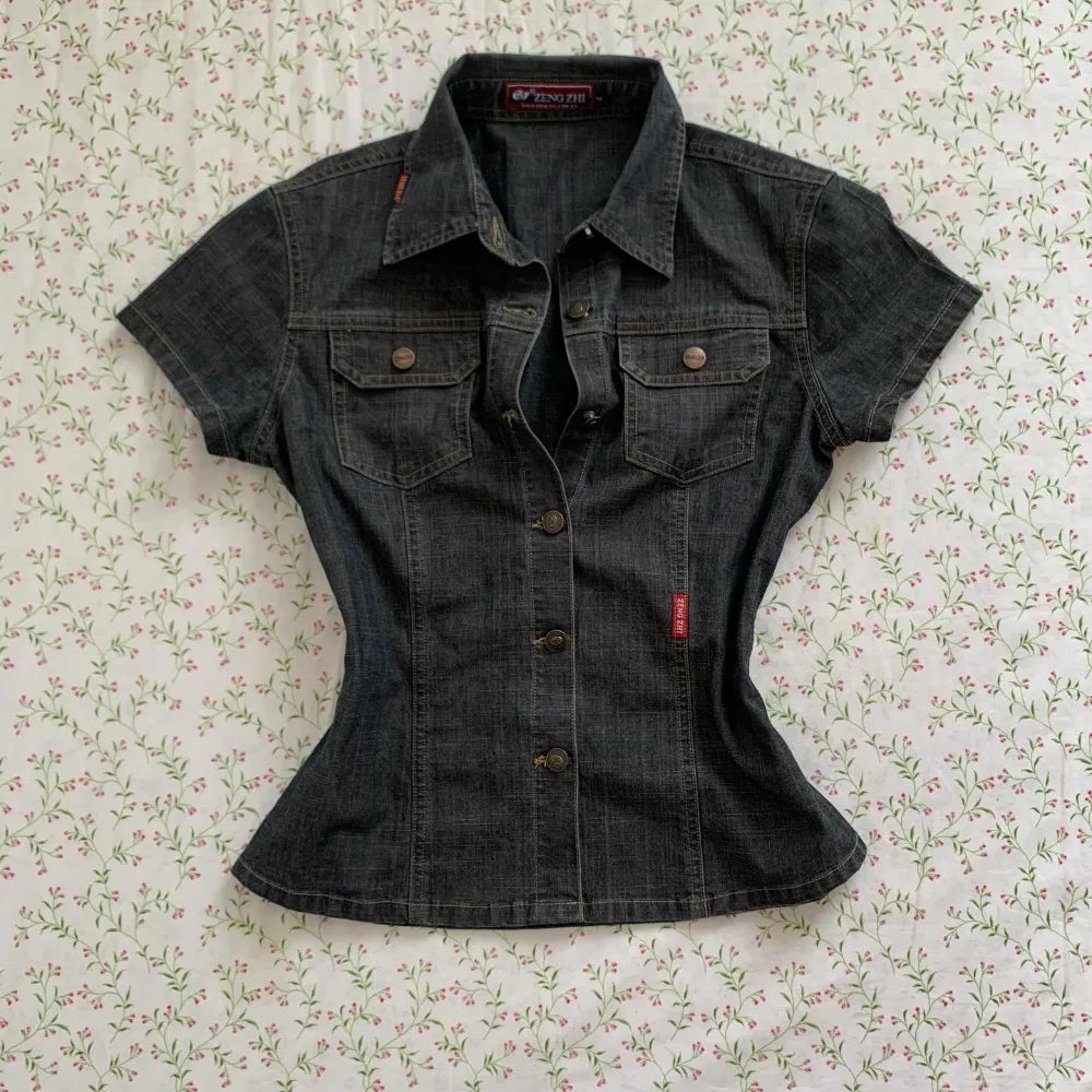 Hot Girl Y2k T Shirt Retro Striped Blouse Women Single Row Button Waist Short Denim Shirt Harajuku Casual Womens Tops Shirts