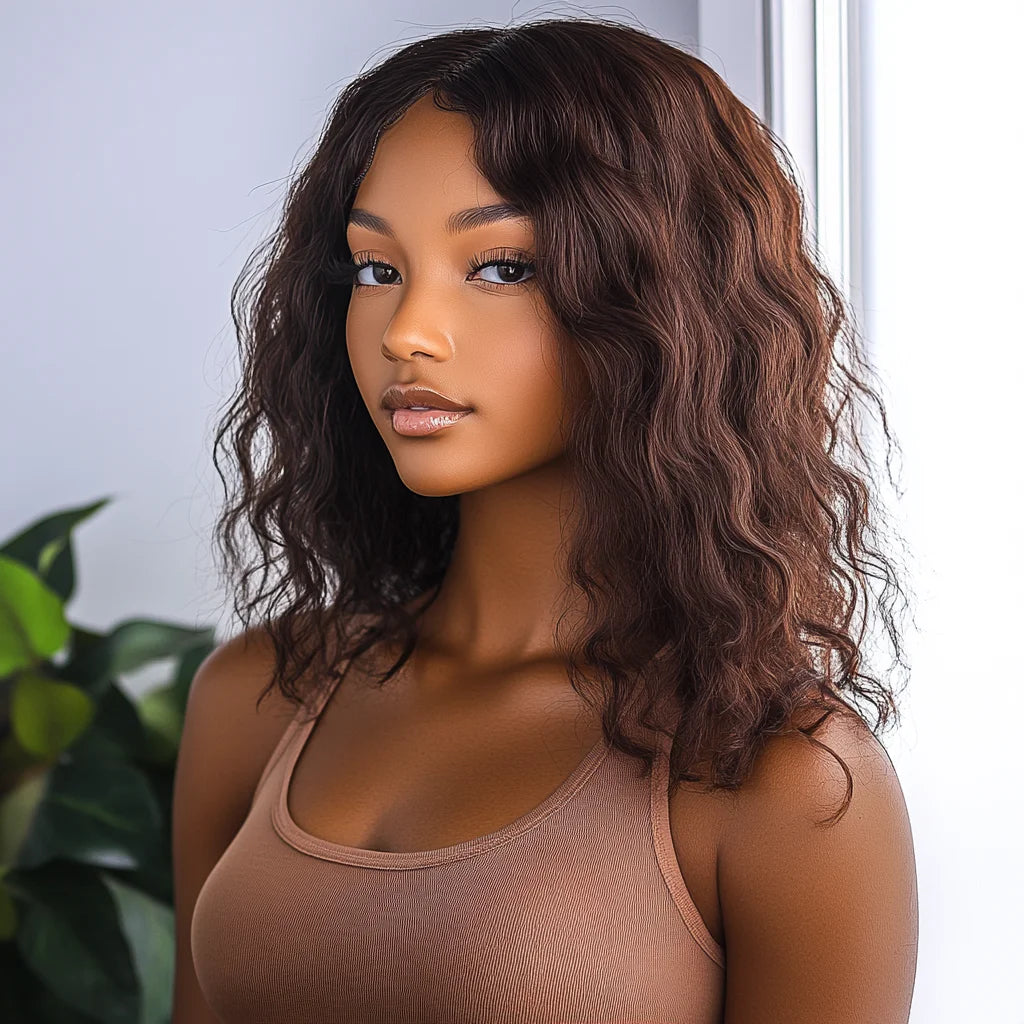 Sleek 33 Brown Colored Human Hair Wigs For Women 100% Real Ready To Wear Bodywave Short Wig 4# Brown Colored Bodywave Hair Wigs