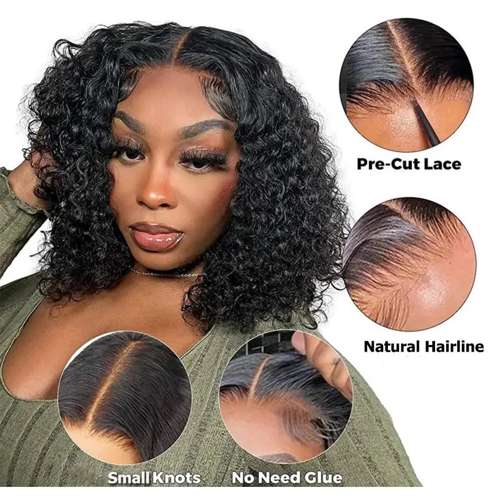 Short Bob Glueless Wigs Deep Wave Glueless Human Hair Ready To Wear 180% Pre Cut Lace 4x4 13x4 Culry Lace Front Human Hair Black