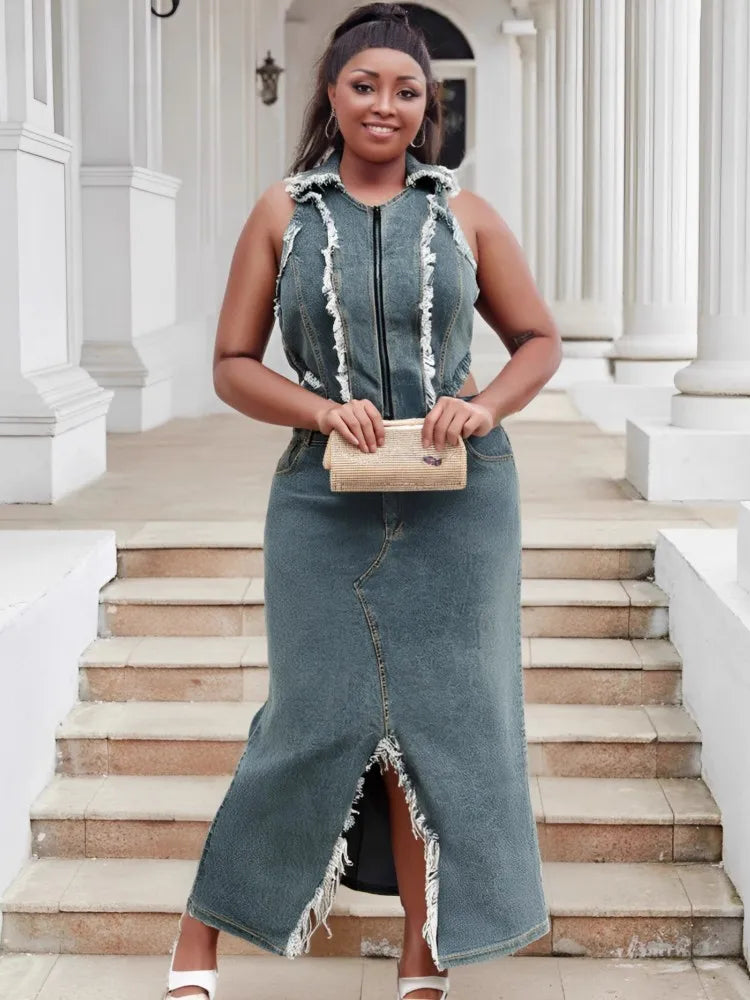 Two Piece Set Plus Size Clothes Summer Autumn V-Neck Sleeveless Denim Top And Maxi Skirt Women Sets Streetwear Office Lady Suit