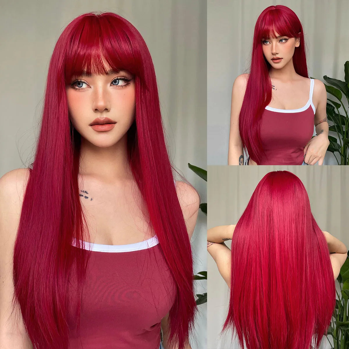 LOUIS FERRE Long Brown Layered Synthetic Wigs With Bangs Caramel Brown Straight Wig Mixed Blonde Highlights Heat Resistant Fibre