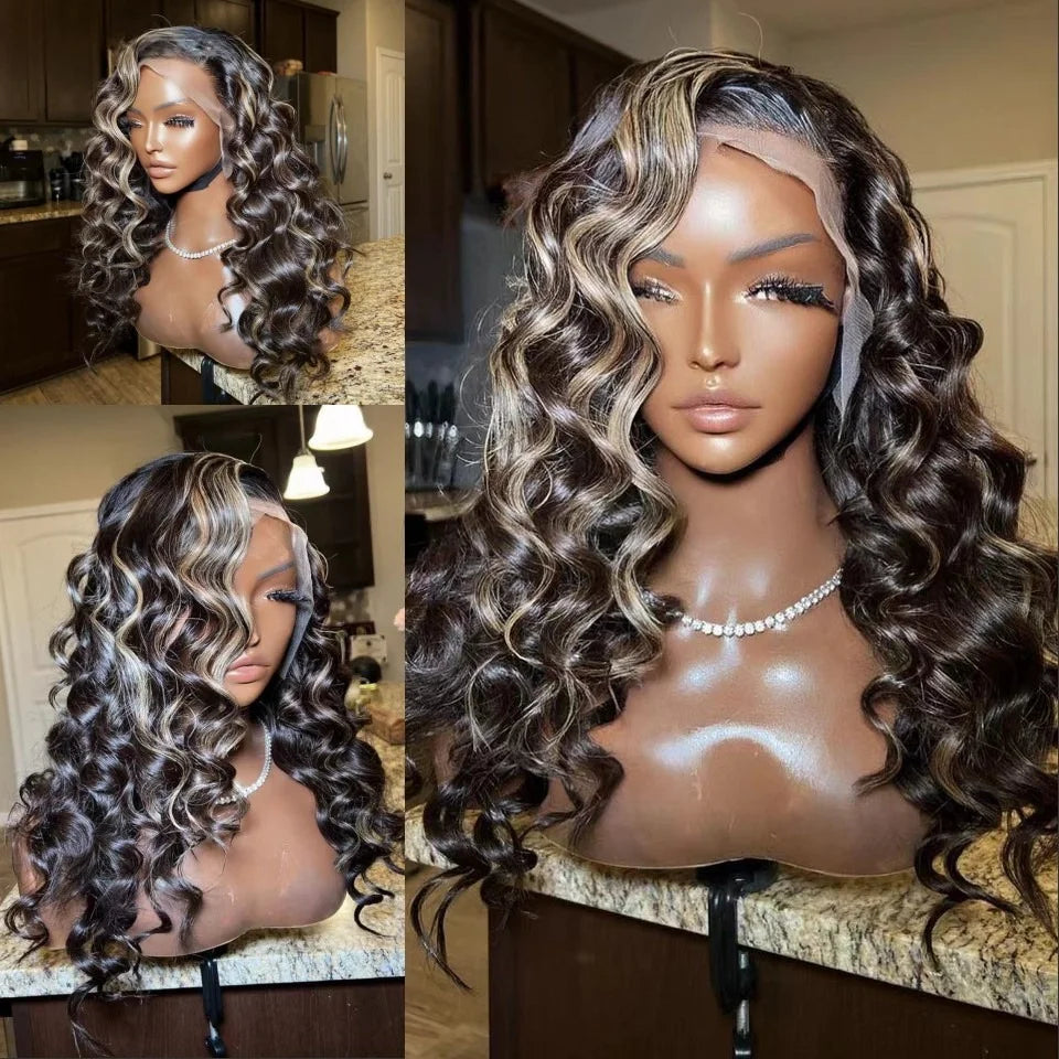 1B/27 Highlight Loose Deep Wave 13x6 Hd Lace Front Wig Brazilian Human Hair 200 High Density Ombre blonde Human Hair Curly Wigs