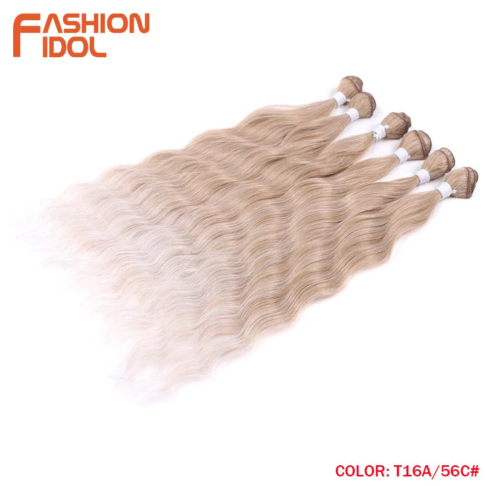 FASHION IDOL Water Wave Hair Bundles Synthetic Hair Extensions Ombre Blonde Hair Weave Bundles 6pcs 20" High Temperature Fiber