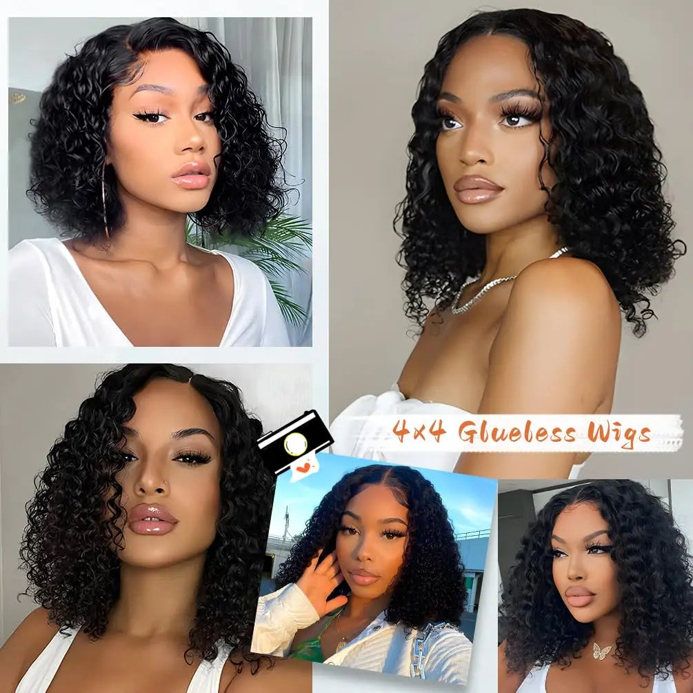 Short Bob Glueless Wigs Deep Wave Glueless Human Hair Ready To Wear 180% Pre Cut Lace 4x4 13x4 Culry Lace Front Human Hair Black