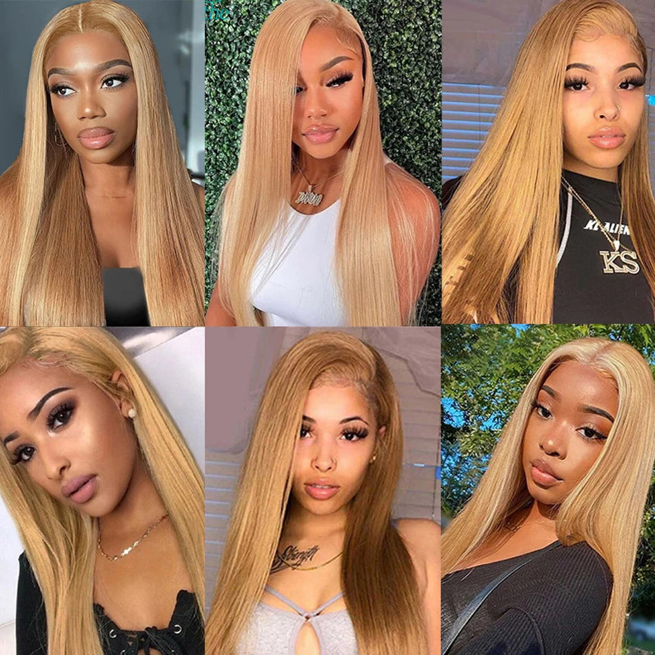 #27 Colored Peruvian Straight Honey Blonde Lace Front Wigs Human Hair Lace Frontal Wigs 13X4 HD Lace Front Human Hair Wigs