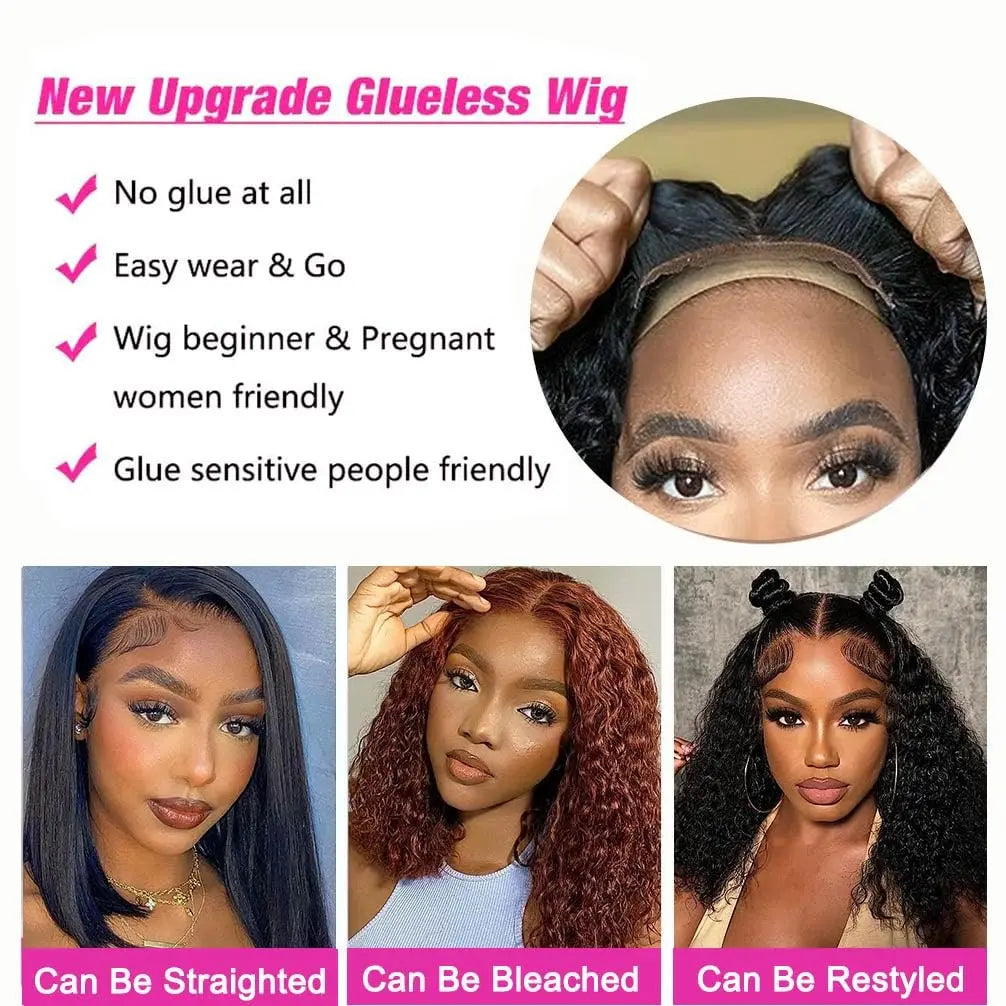 Short Bob Glueless Wigs Deep Wave Glueless Human Hair Ready To Wear 180% Pre Cut Lace 4x4 13x4 Culry Lace Front Human Hair Black