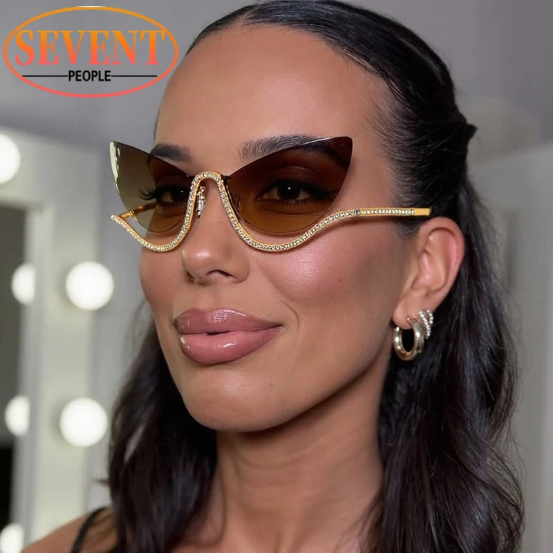 Sexy Cat Eye Rhinestone Rimless Sunglasses Women 2025 Luxury Brand Retro Metal Frame Punk Sun Glasses For Ladies Trendy Shades